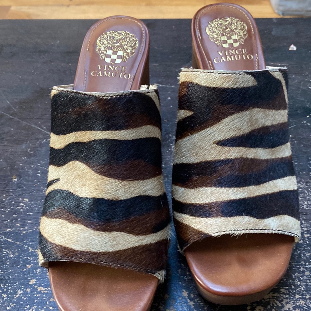 Like New - giraffe patterned faux horse hair platform mules by Vince Camuto